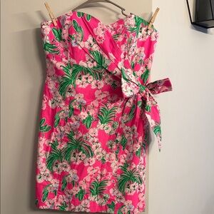 Lilly Pulitzer Strapless Pink Dress with Green Floral Design